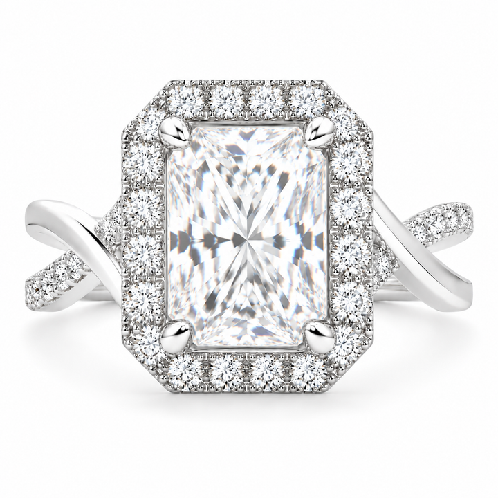 Celestina 5.35 Carat Radiant Cut Halo Pave Split Shank Engagement Ring