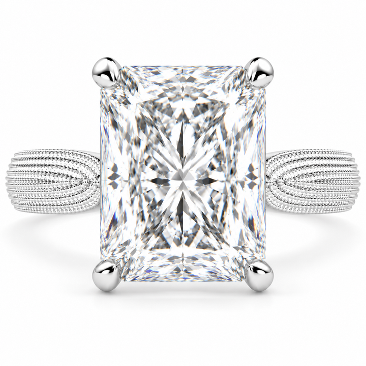Valentina 5 Carat Radiant Cut Solitaire Tapered Milgrain Engagement Ring