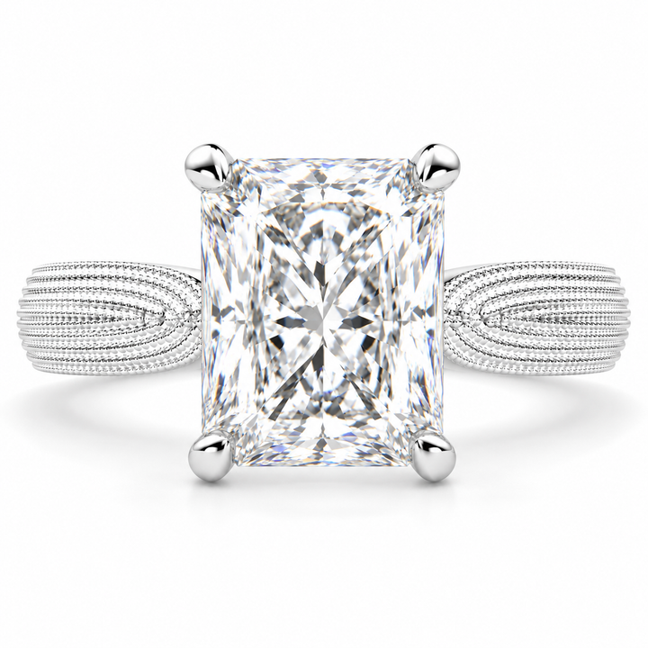 Valentina 4 Carat Radiant Cut Solitaire Tapered Milgrain Engagement Ring