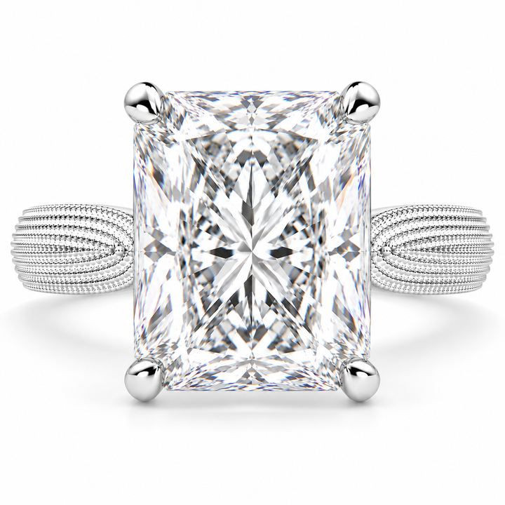 Valentina 7 Carat Radiant Cut Solitaire Tapered Milgrain Engagement Ring