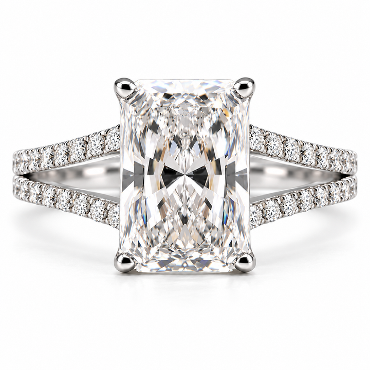 5 CT Radiant Cut Lab-Grown Diamond Split Shank Pavé Engagement Ring in 14K White Gold