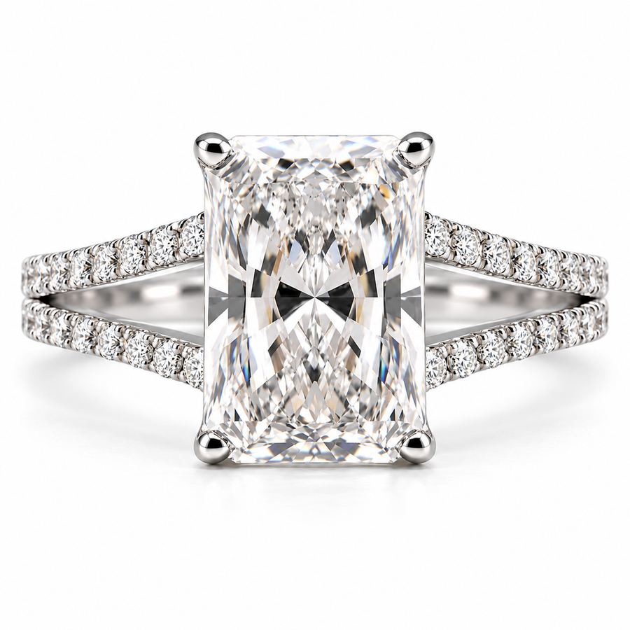 5 CT Radiant Cut Lab-Grown Diamond Split Shank Pavé Engagement Ring in 14K White Gold