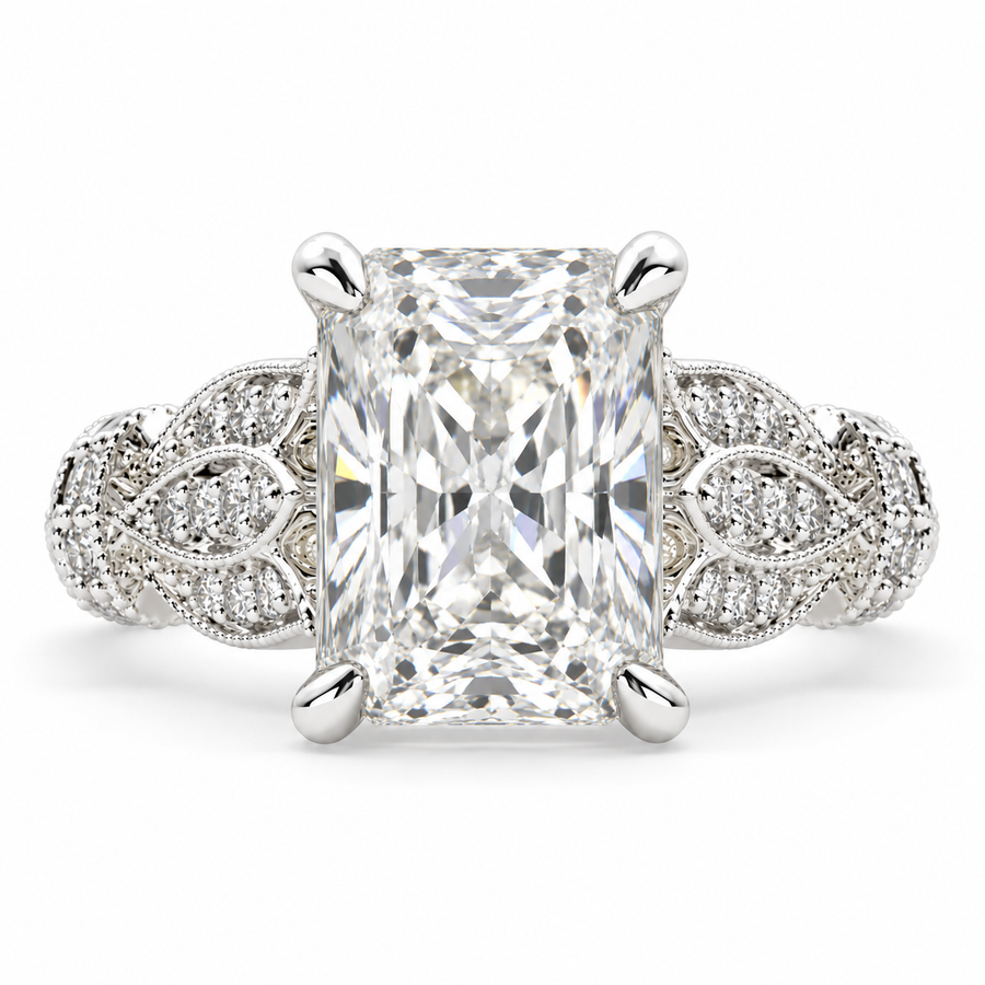 4 CT Nadia Radiant Cut Lab-Grown Diamond Pavé Milgrain Engagement Ring