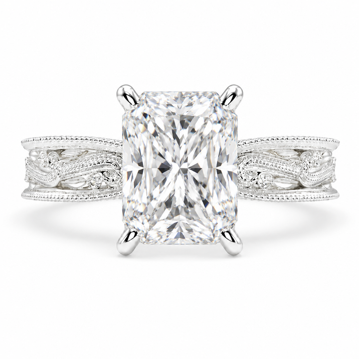 Sabrina 5 Carat Radiant Cut Solitaire Hand Engraved Milgrain Engagement Ring