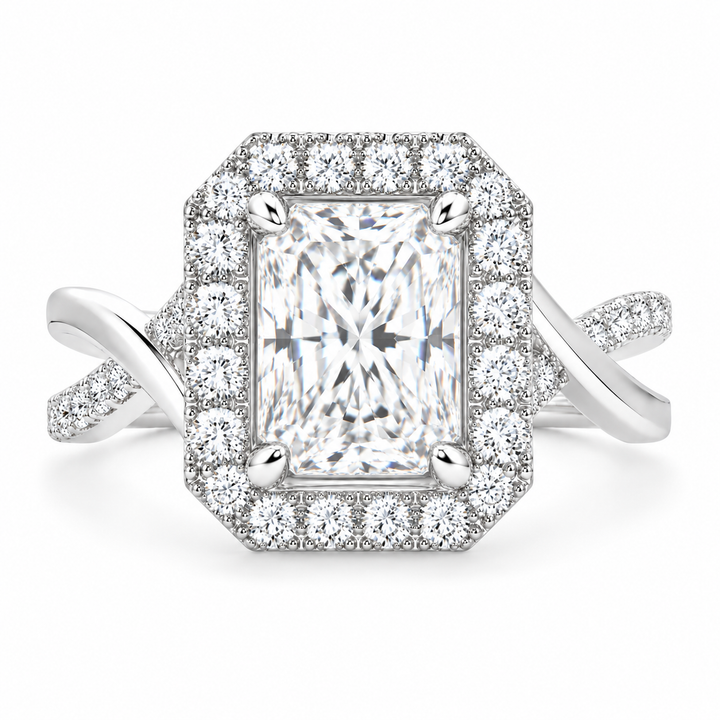 Celestina 2.35 Carat Radiant Cut Halo Pave Split Shank Engagement Ring