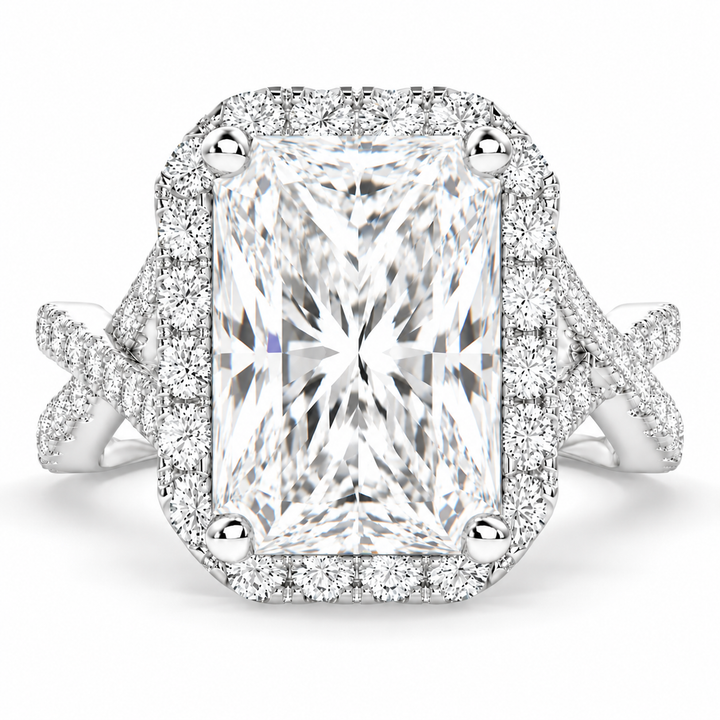 Ophelia 7.35 Carat Radiant Cut Pave Halo Split Shank Engagement Ring