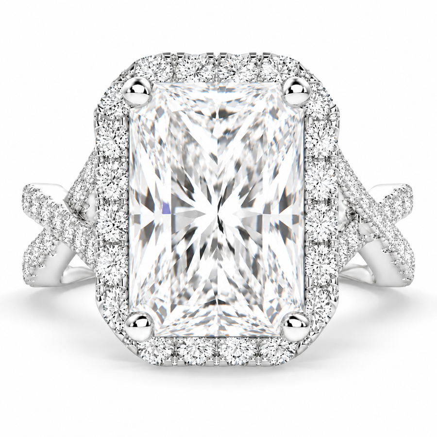 Ophelia 7.35 Carat Radiant Cut Pave Halo Split Shank Engagement Ring