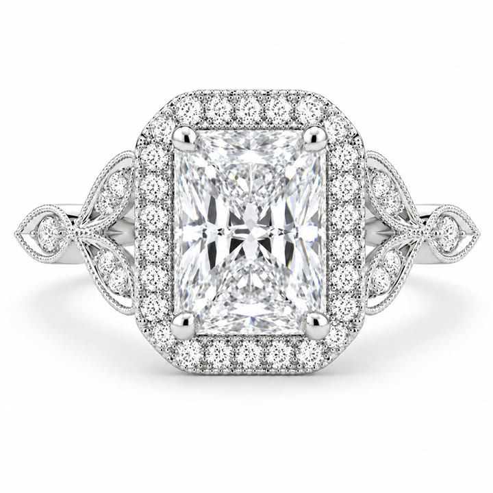 4 CT Ada Radiant Cut Lab-Grown Diamond Halo Pavé Engagement Ring in 14K White Gold