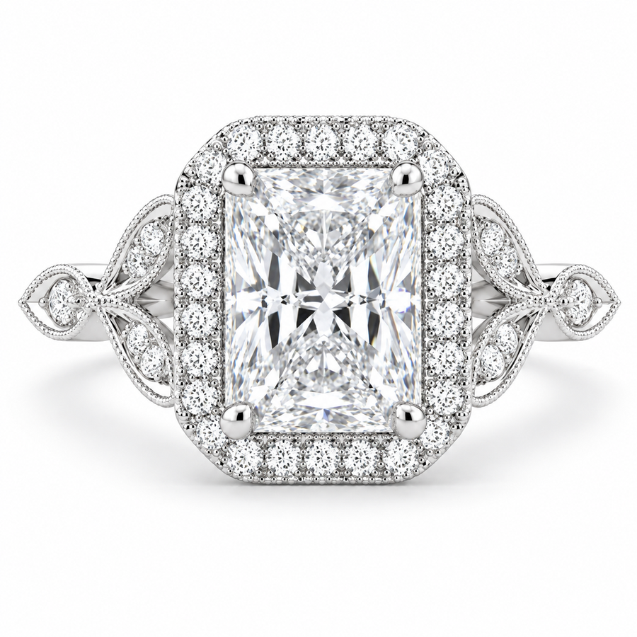 4 CT Ada Radiant Cut Lab-Grown Diamond Halo Pavé Engagement Ring in 14K White Gold