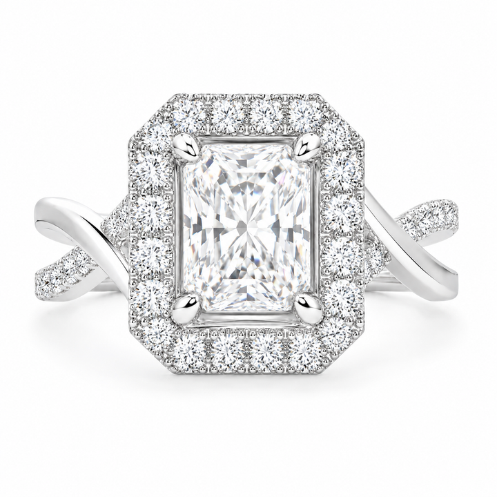 Celestina 1.35 Carat Radiant Cut Halo Pave Split Shank Engagement Ring