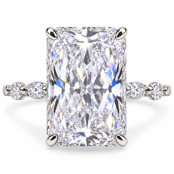 7 CT Radiant Cut Lab-Grown Diamond Hidden Halo Engagement Ring with Side Stones