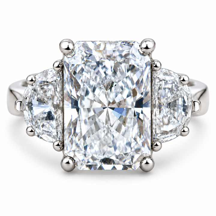 6 CT Radiant Cut Lab-Grown Diamond Three-Stone Engagement Ring with Half-Moon Side Diamonds, IGI Certified