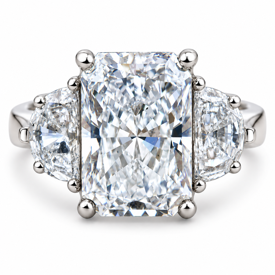 6 CT Radiant Cut Lab-Grown Diamond Three-Stone Engagement Ring with Half-Moon Side Diamonds, IGI Certified