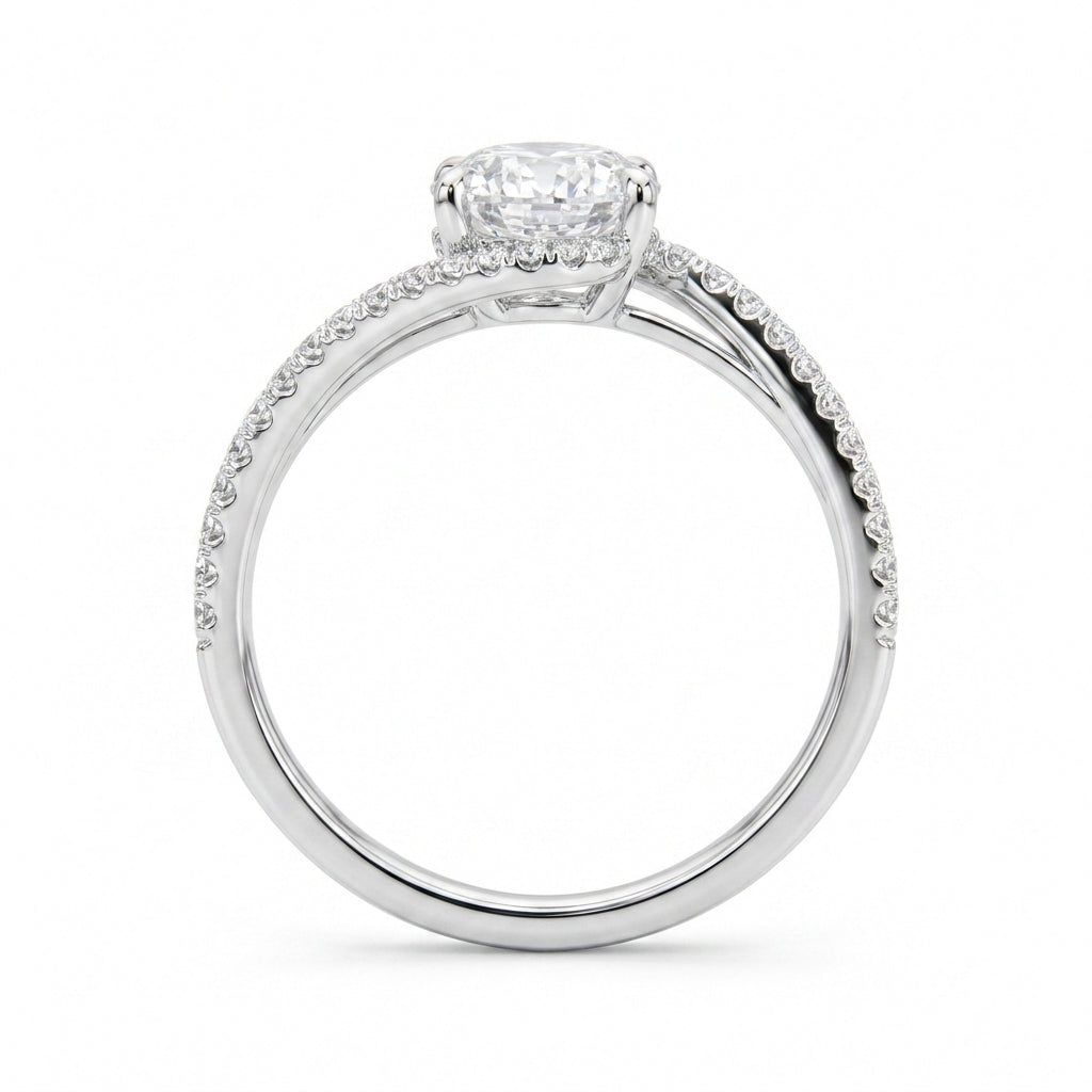3.00 CT Oval Lab-Grown Diamond Hidden Halo Engagement Ring in 14K White Gold – Twisted Bypass Pavé Design | IGI Certified