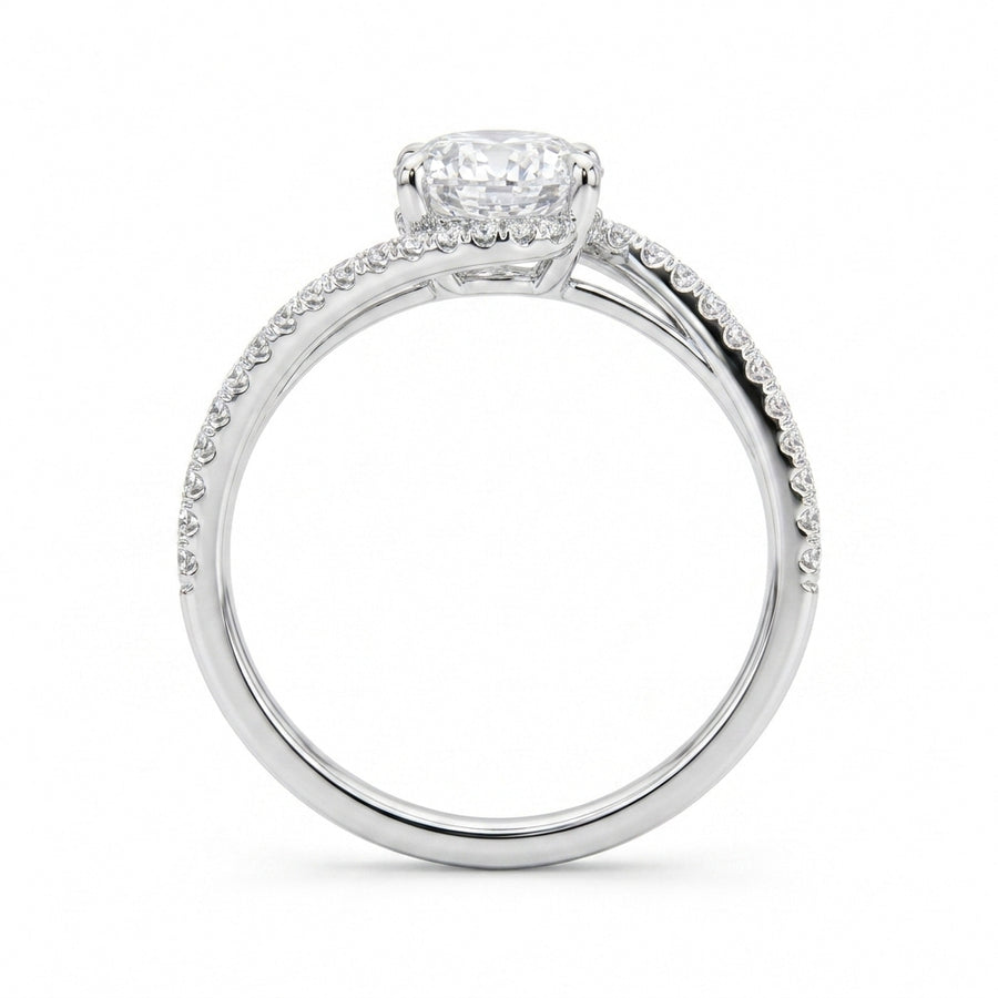 3.00 CT Oval Lab-Grown Diamond Hidden Halo Engagement Ring in 14K White Gold – Twisted Bypass Pavé Design | IGI Certified