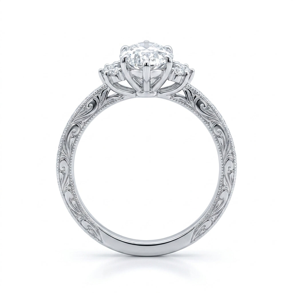 3.81 CT Vintage Marquise Cut Lab-Grown Diamond Engagement Ring in 14K White Gold – Hand-Engraved Art Deco Cluster Design
