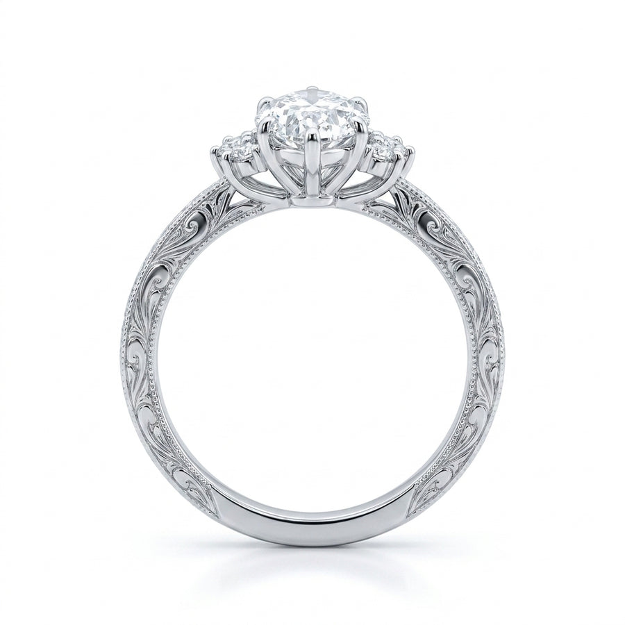 3.81 CT Vintage Marquise Cut Lab-Grown Diamond Engagement Ring in 14K White Gold – Hand-Engraved Art Deco Cluster Design