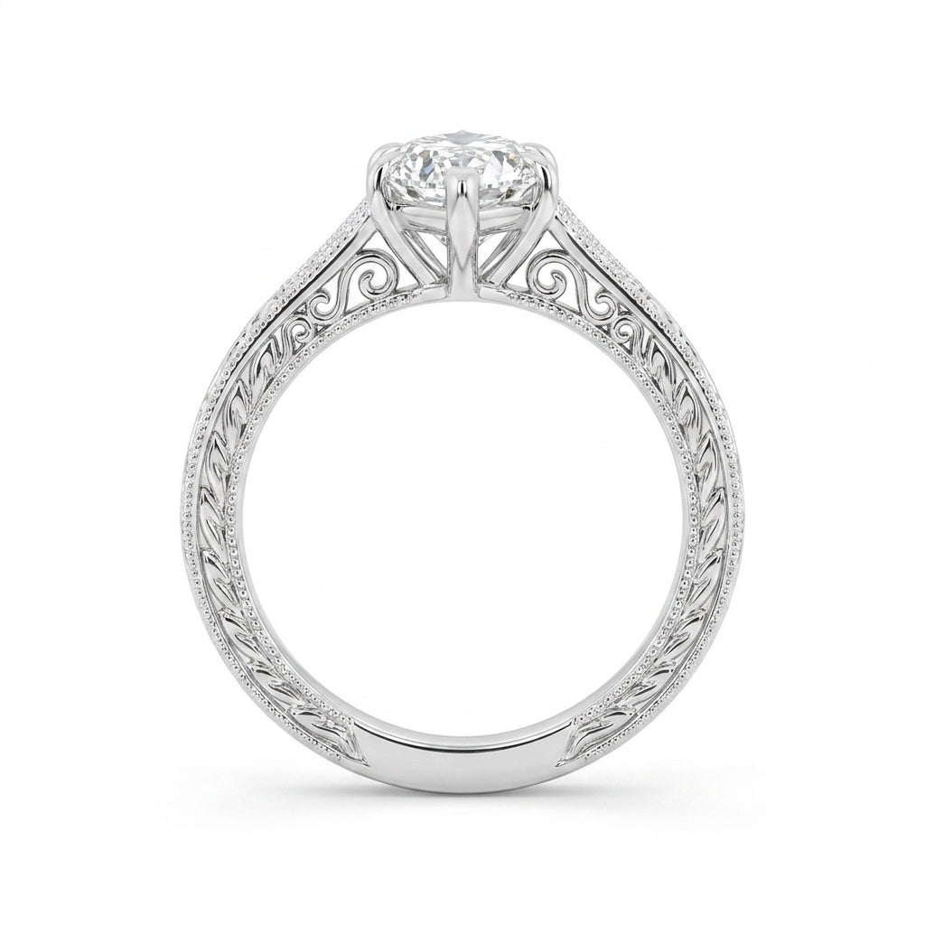 3.00 CT Filigree Dutch Marquise Cut Lab-Grown Diamond Engagement Ring in 14K White Gold – Engraved Solitaire Bridal Design