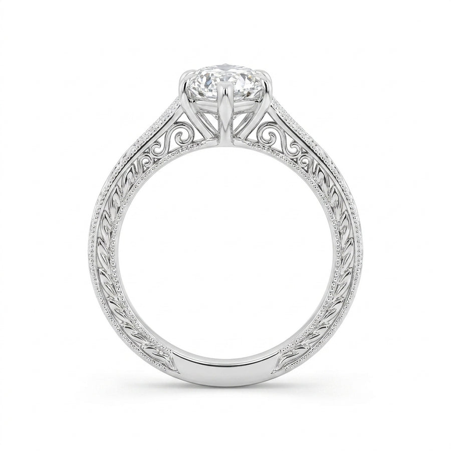 3.00 CT Filigree Dutch Marquise Cut Lab-Grown Diamond Engagement Ring in 14K White Gold – Engraved Solitaire Bridal Design