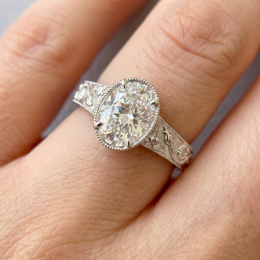 2.00 CT Art Deco Oval Cut Lab-Grown Diamond Engagement Ring in 14K White Gold – Handcrafted Milgrain Bezel Vintage Design