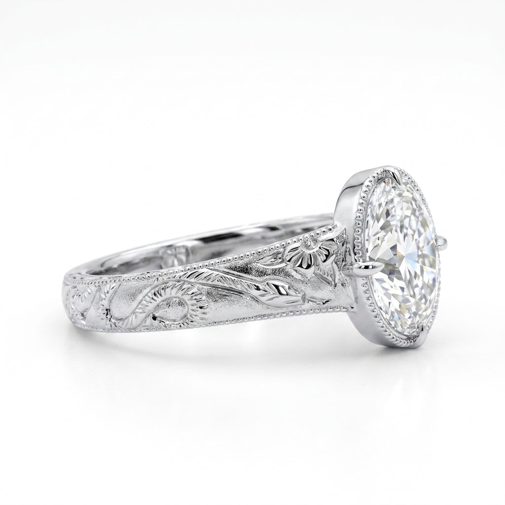 2.00 CT Art Deco Oval Cut Lab-Grown Diamond Engagement Ring in 14K White Gold – Handcrafted Milgrain Bezel Vintage Design