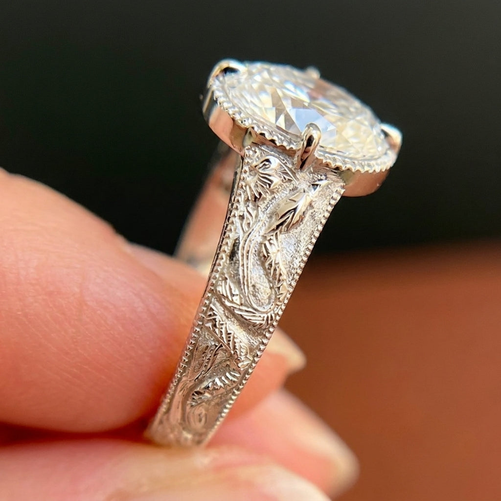 2.00 CT Art Deco Oval Cut Lab-Grown Diamond Engagement Ring in 14K White Gold – Handcrafted Milgrain Bezel Vintage Design