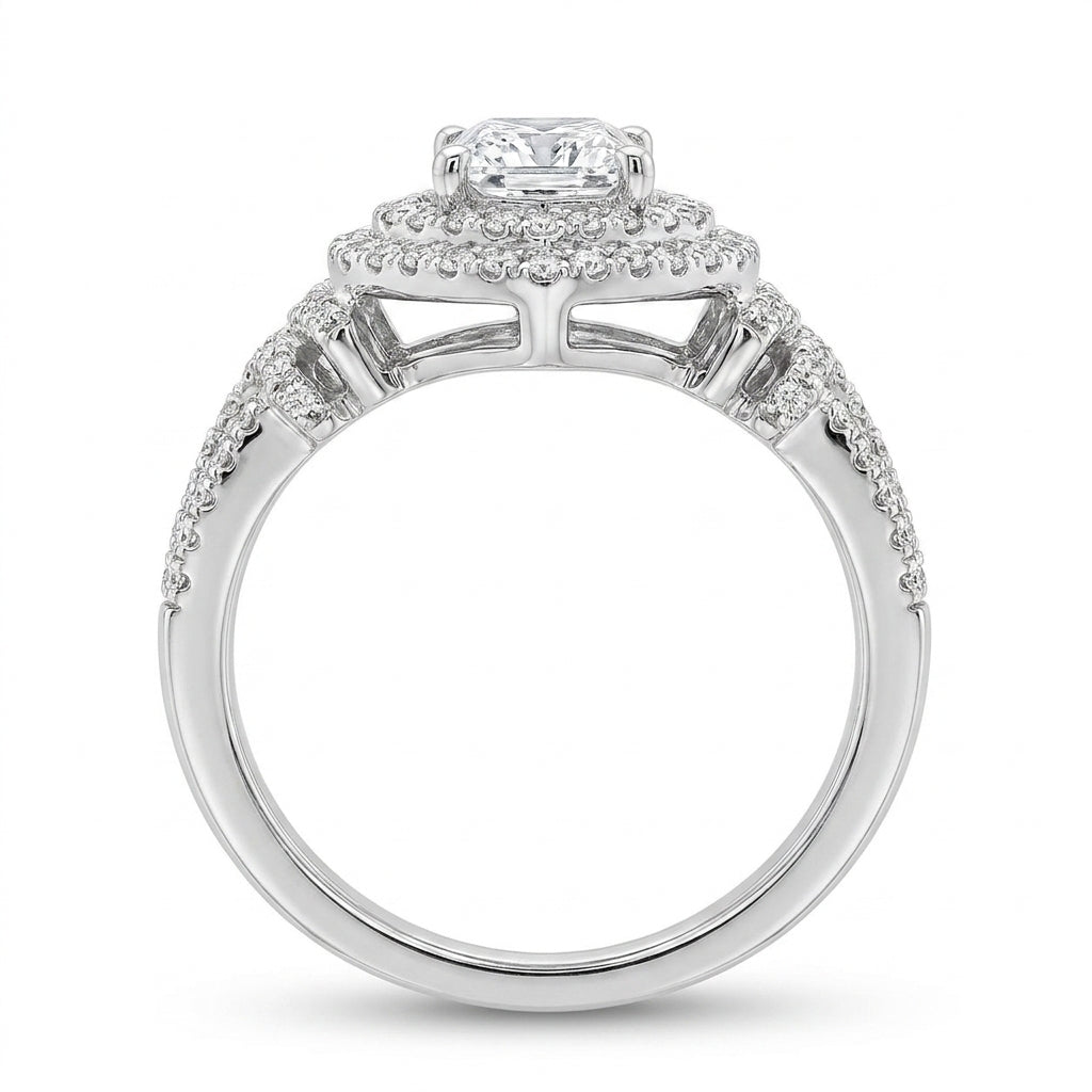 1.50 CT Princess Cut Lab-Grown Diamond Double Halo Engagement Ring in 14K White Gold – Round Diamond Bridal Design