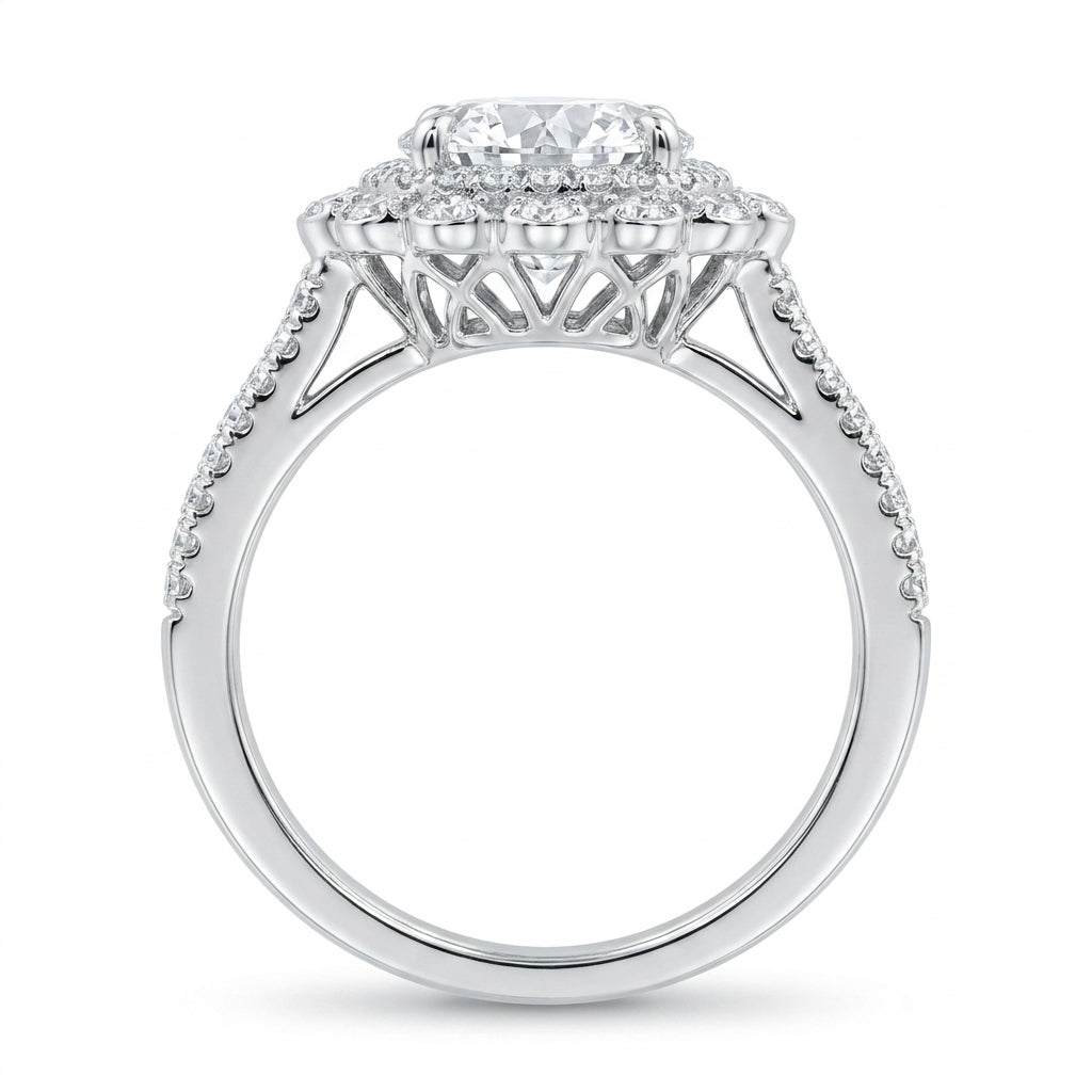 2.00 CT Round Lab-Grown Diamond Double Halo Engagement Ring in 14K White Gold – Split Shank Vintage Art Deco Design