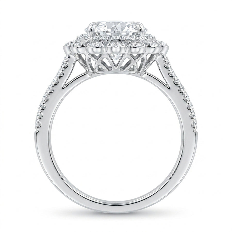 2.00 CT Round Lab-Grown Diamond Double Halo Engagement Ring in 14K White Gold – Split Shank Vintage Art Deco Design