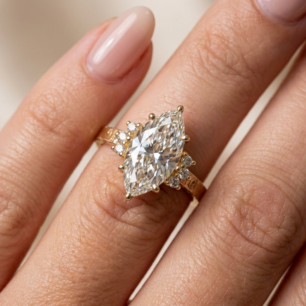 3.81 CT Vintage Marquise Cut Lab-Grown Diamond Engagement Ring in 14K White Gold – Hand-Engraved Art Deco Cluster Design