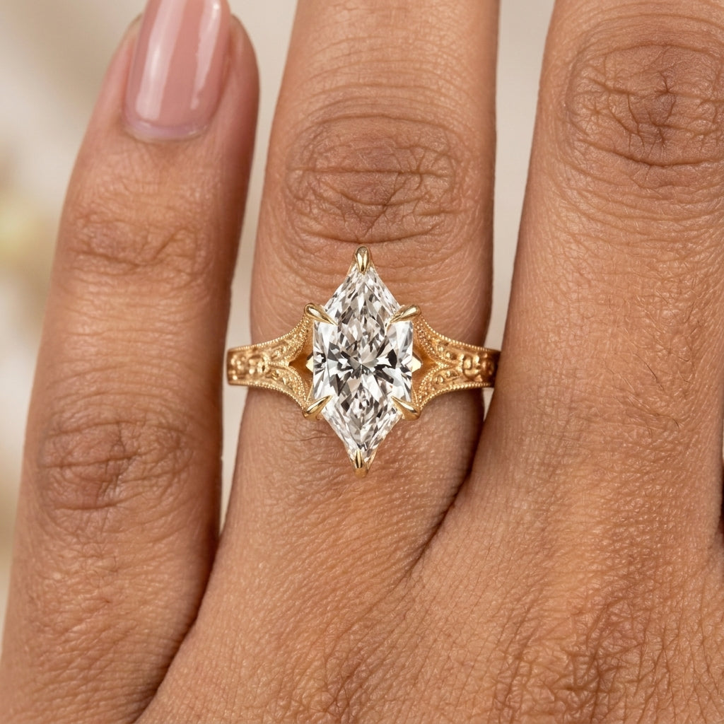 3.00 CT Filigree Dutch Marquise Cut Lab-Grown Diamond Engagement Ring in 14K White Gold – Engraved Solitaire Bridal Design