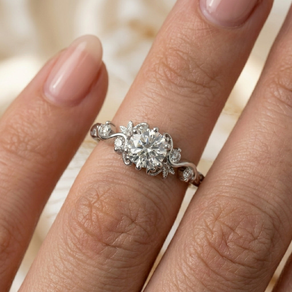 1.00 CT Round Cut Lab-Grown Diamond Engagement Ring in 14K White Gold – Vintage Floral Leafy Engraved Design