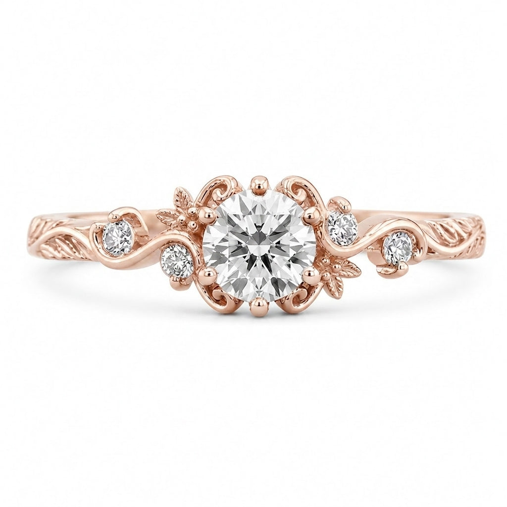 1.00 CT Round Cut Lab-Grown Diamond Engagement Ring in 14K White Gold – Vintage Floral Leafy Engraved Design