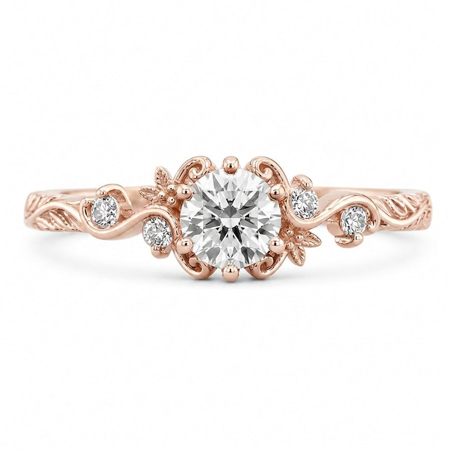 1.00 CT Round Cut Lab-Grown Diamond Engagement Ring in 14K White Gold – Vintage Floral Leafy Engraved Design