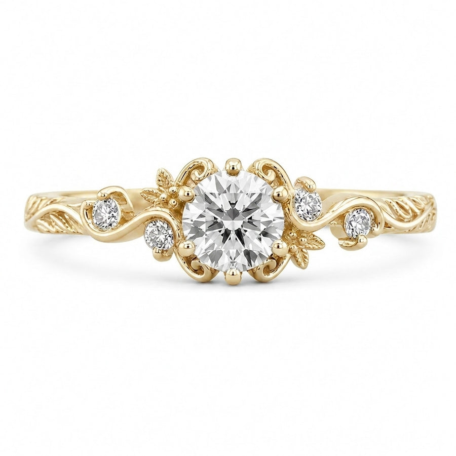1.00 CT Round Cut Lab-Grown Diamond Engagement Ring in 14K White Gold – Vintage Floral Leafy Engraved Design