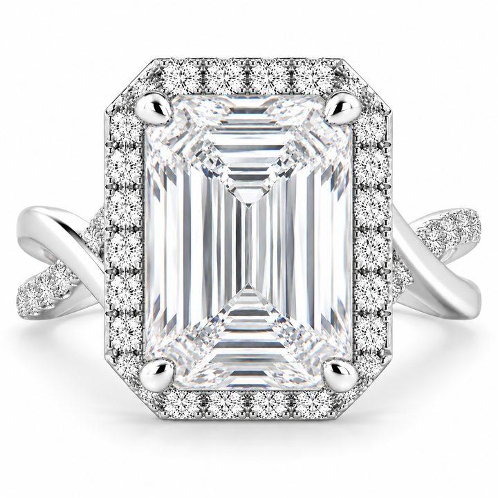 Ophelia 7.35 Carat Emerald Cut Pave Halo Split Shank Engagement Ring