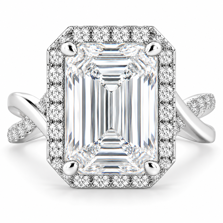 Ophelia 7.35 Carat Emerald Cut Pave Halo Split Shank Engagement Ring