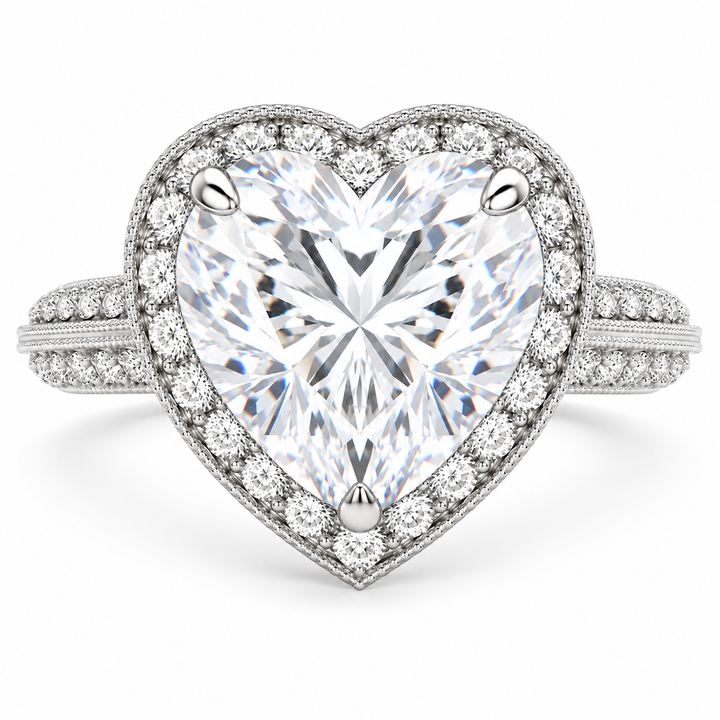 Beatrice 7.45 Carat Heart Cut Halo Pave Knife Edge Milgrain Engagement Ring