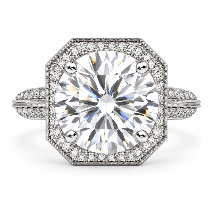 Beatrice 7.45 Carat Round Cut Halo Pave Knife Edge Milgrain Engagement Ring