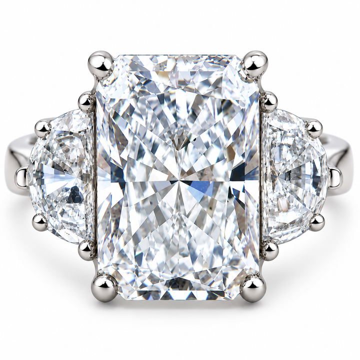7 CT Radiant Cut Lab-Grown Diamond Three-Stone Engagement Ring with Half-Moon Side Diamonds, IGI Certified