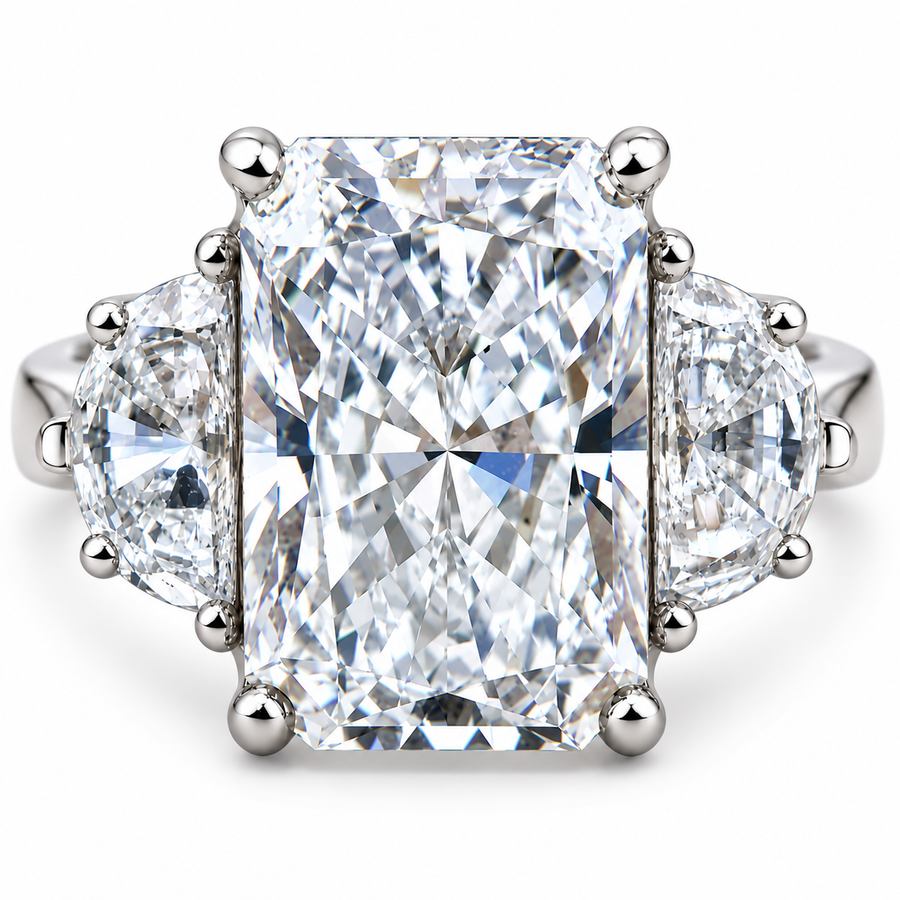 7 CT Radiant Cut Lab-Grown Diamond Three-Stone Engagement Ring with Half-Moon Side Diamonds, IGI Certified