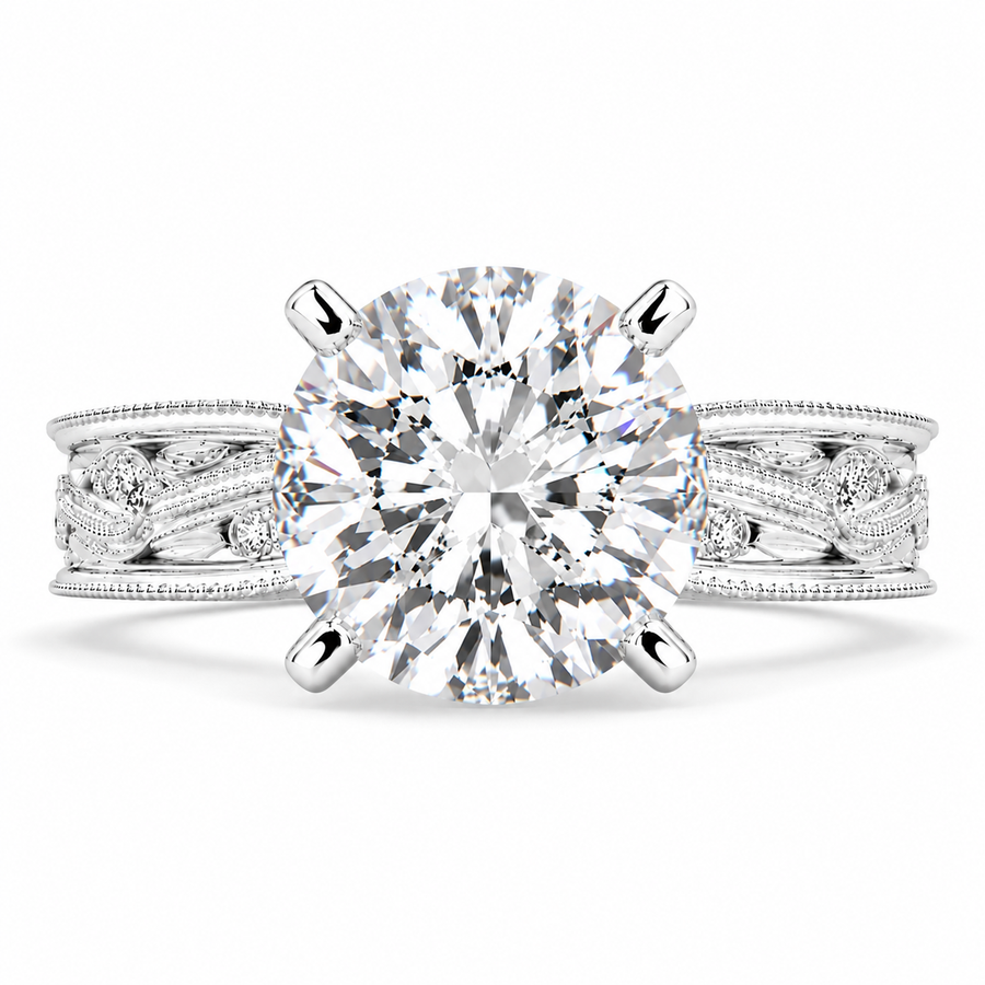 Sabrina 6 Carat Cushion Cut Solitaire Hand Engraved Milgrain Engagement Ring