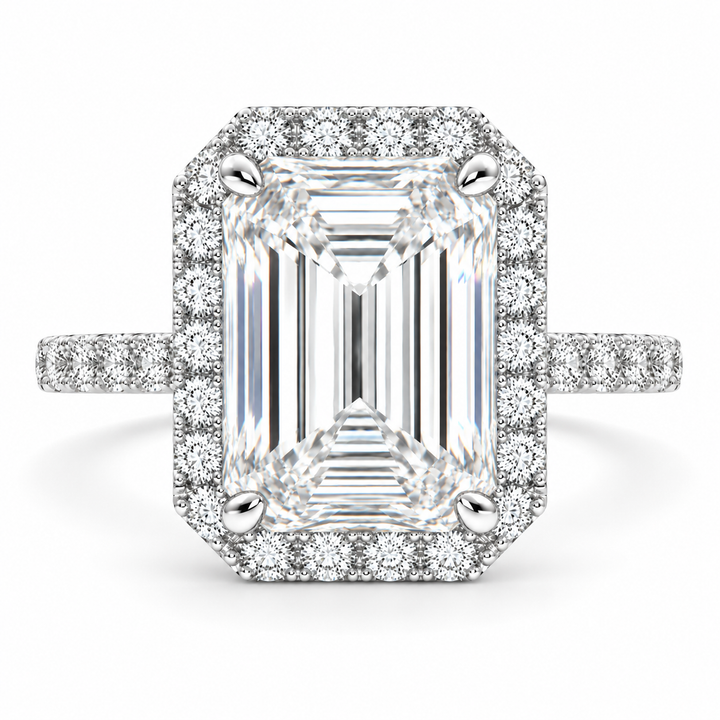 Bianca 6.5 Carat Emerald Cut Halo Pave Engagement Ring