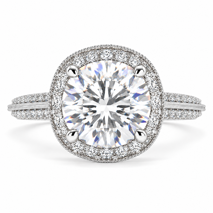 Beatrice 6.45 Carat Cushion Cut Halo Pave Knife Edge Milgrain Engagement Ring