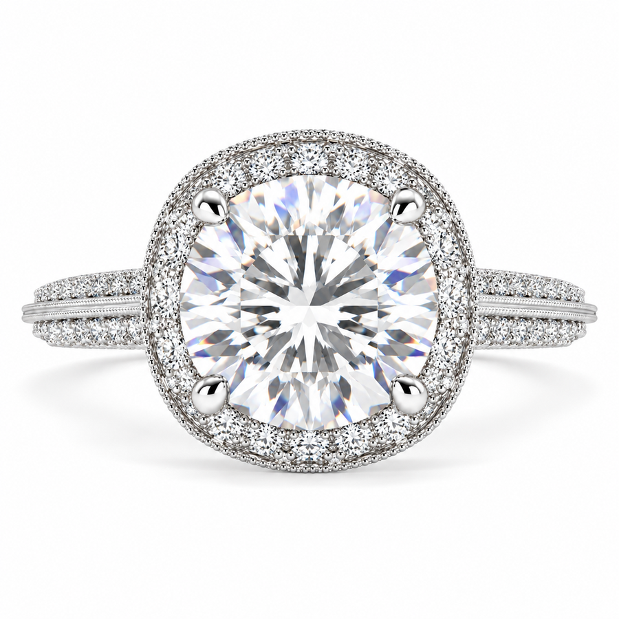 Beatrice 6.45 Carat Cushion Cut Halo Pave Knife Edge Milgrain Engagement Ring