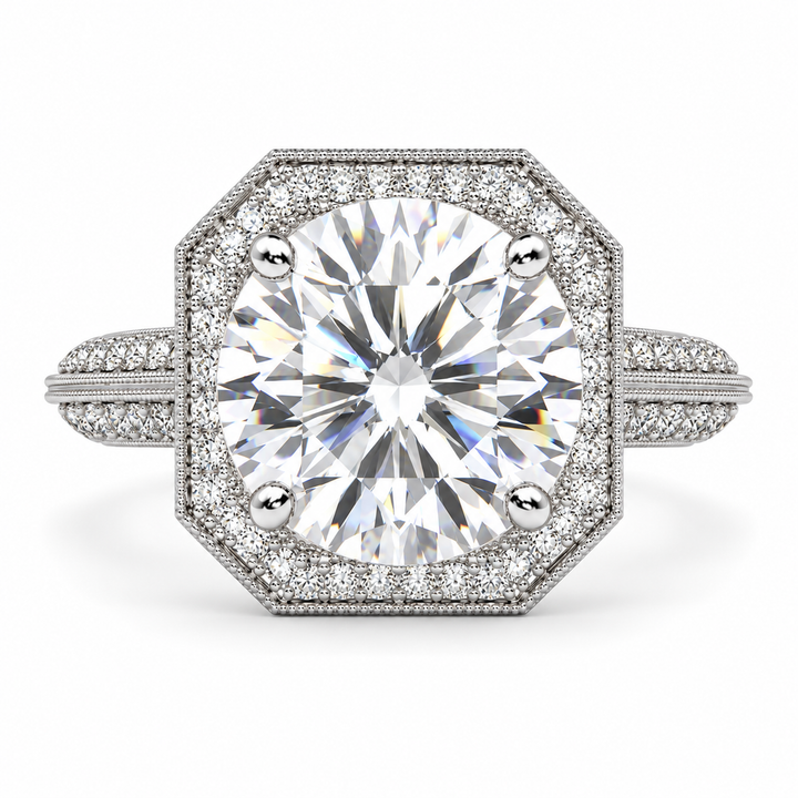 Beatrice 6.45 Carat Round Cut Halo Pave Knife Edge Milgrain Engagement Ring