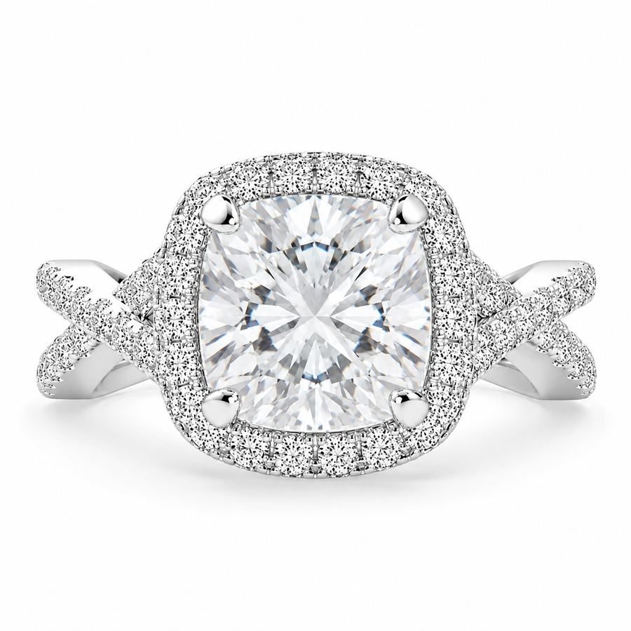 Ophelia 6.35 Carat Cushion Cut Pave Halo Split Shank Engagement Ring