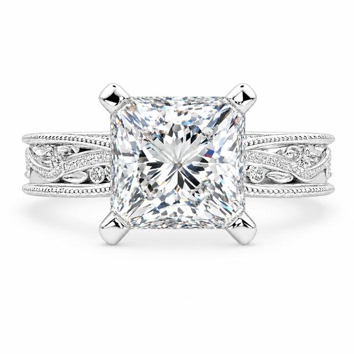 Sabrina 6 Carat Princess Cut Solitaire Hand Engraved Milgrain Engagement Ring
