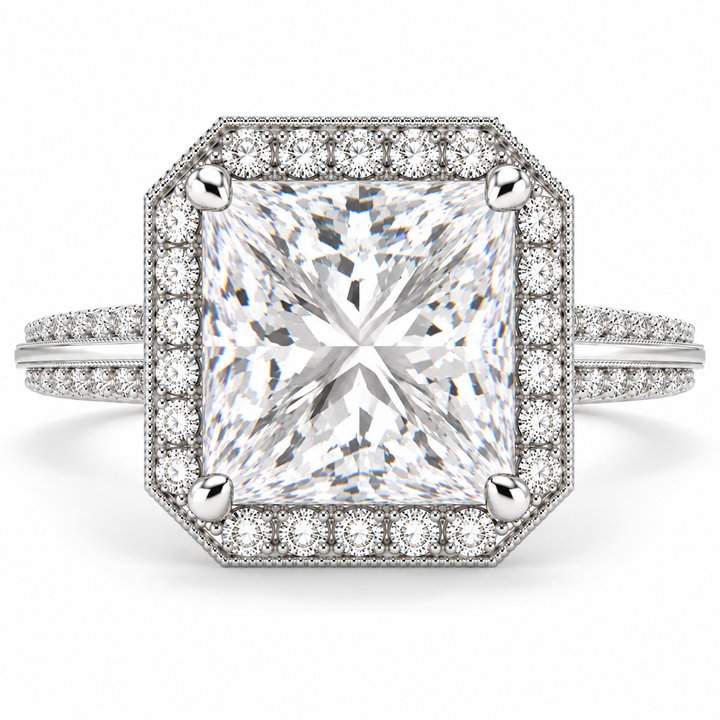 Beatrice 6.45 Carat Princess Cut Halo Pave Knife Edge Milgrain Engagement Ring