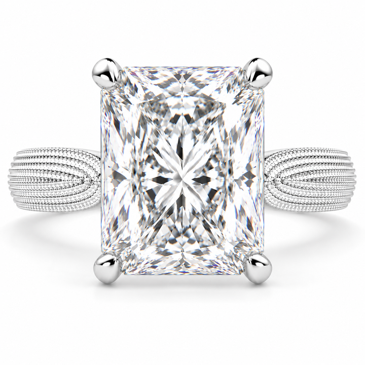 Valentina 6 Carat Radiant Cut Solitaire Tapered Milgrain Engagement Ring